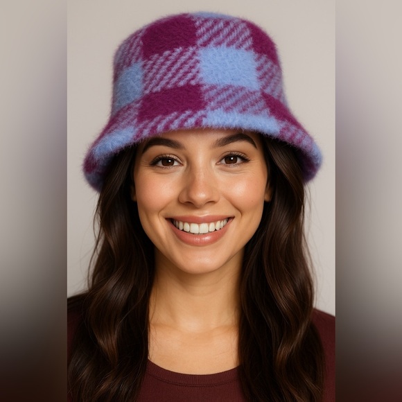 Fuzzy Plaid Bucket Hat – Purple & Baby Blue | Soft Winter Style | One Size - Picture 12 of 12